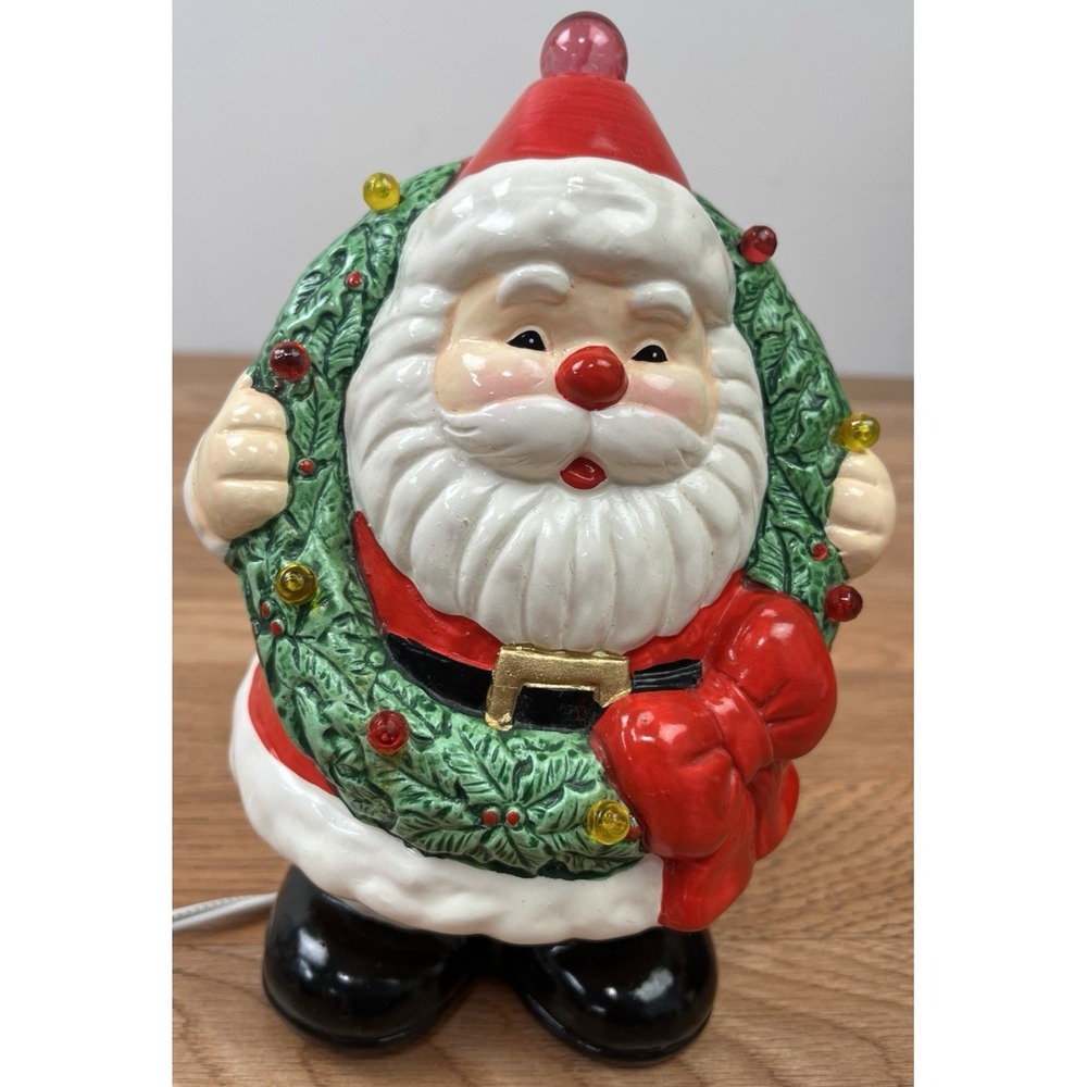 Vintage MCM Ceramic Santa Claus with Light Up Christmas Wreath  Nite Lite WORKS